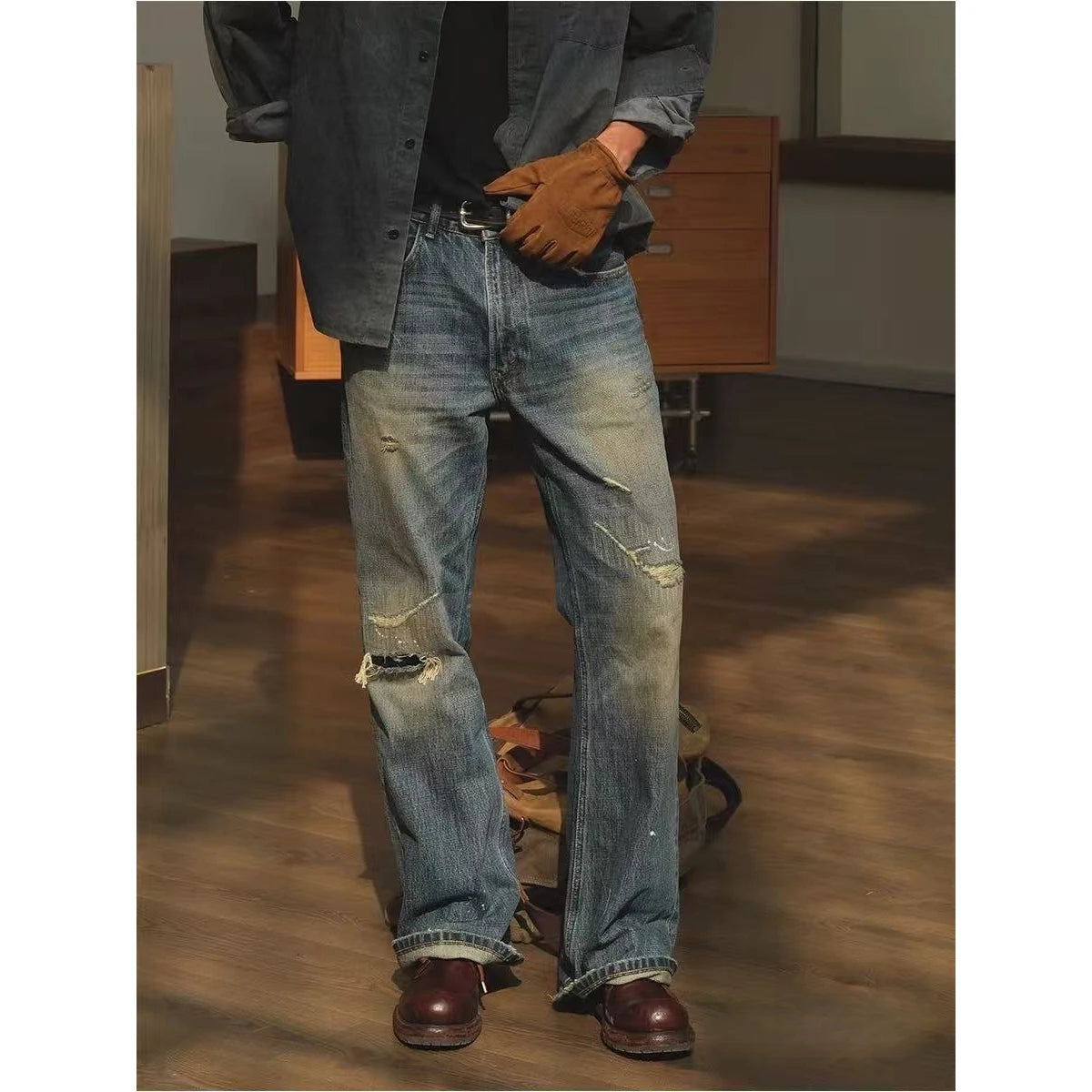 LOR MALE Men's Jeans Distressed Ripped Torn Faded Ombre Wash Straight Leg Non Stretch Long Men's Pants Streetwear Fashionable Trendy