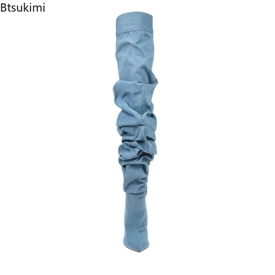 LOR MALE Over The Knee Boots Sexy Pleated Denim Cloth Boots New Solid Color Slip-On Pointy Versatile Patchwork High-heeled Fashion Boots