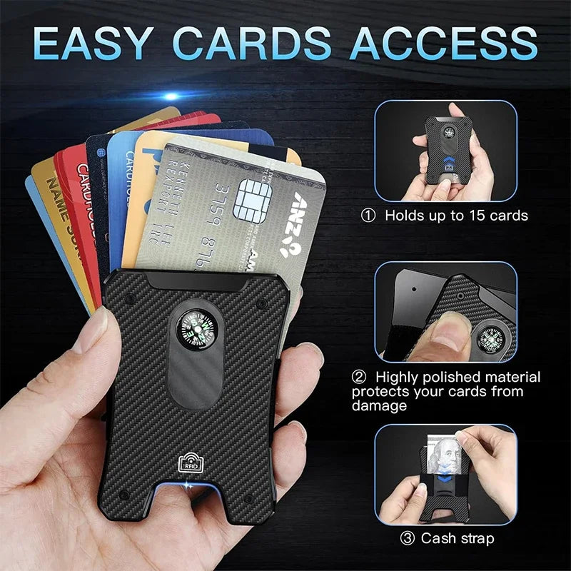 LOR MALE Metal Wallet for Men, Ergonomics Design Money Clip Wallet with Compass, Minimalist Slim Wallet with RFID Blocking