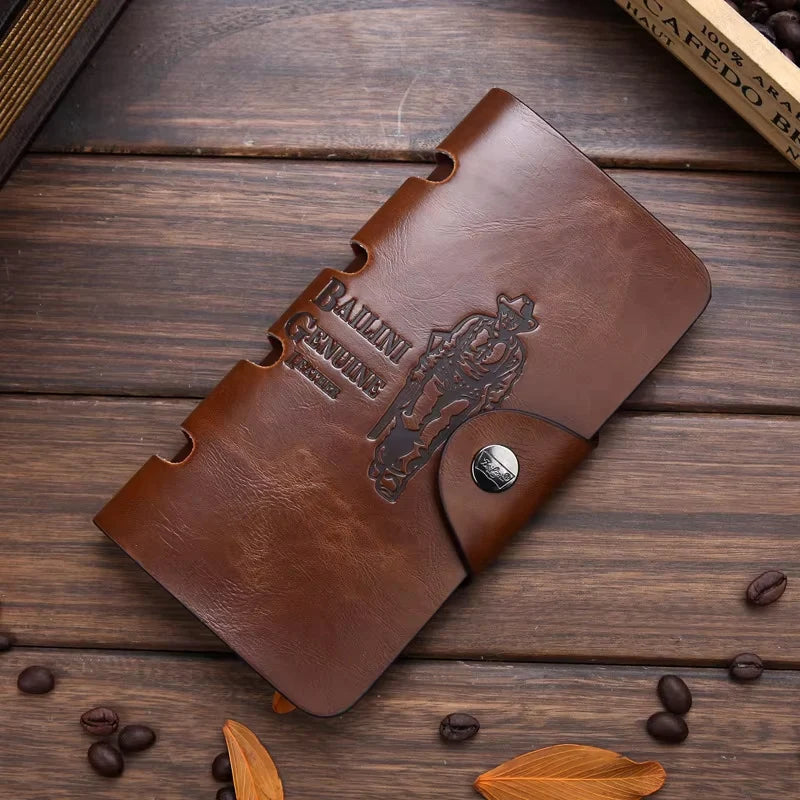 LOR MALE Leather Tri-Fold Wallet - Magnetic Buckle Clutch with Card Holder &