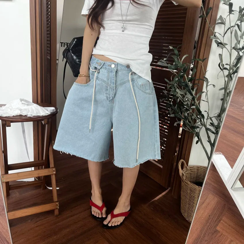 LOR MALE Loose Wide Leg Denim Shorts with Belt And Rope Natural Waist Casual Cotton Blue Seven Foot Length No Stretch Summer Shorts