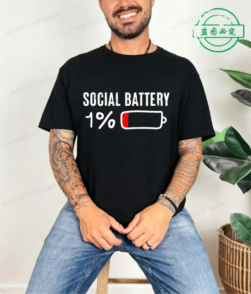 LOR MALE T-shirt for Men Social Battery 1 Percent Funny Introvert T Shirt Men Tops Casual Clothing Oversize Vintage Clothes Trend Tshirt