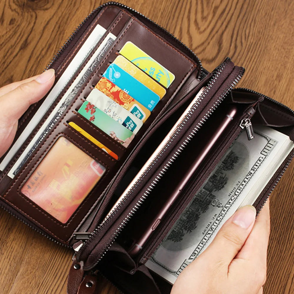 LOR MALE Wallet Long Wallet Quality Pu Leather Wallet Double Zipper Coin Pocket