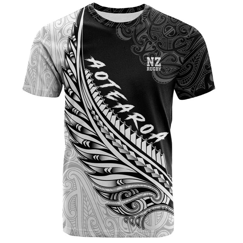 New Zealand Men's 3D Printed Rugby T-shirt, Hawaii Summit, Summer Casual Sports and Fitness Short Sleeved Loose Fitting Clothing