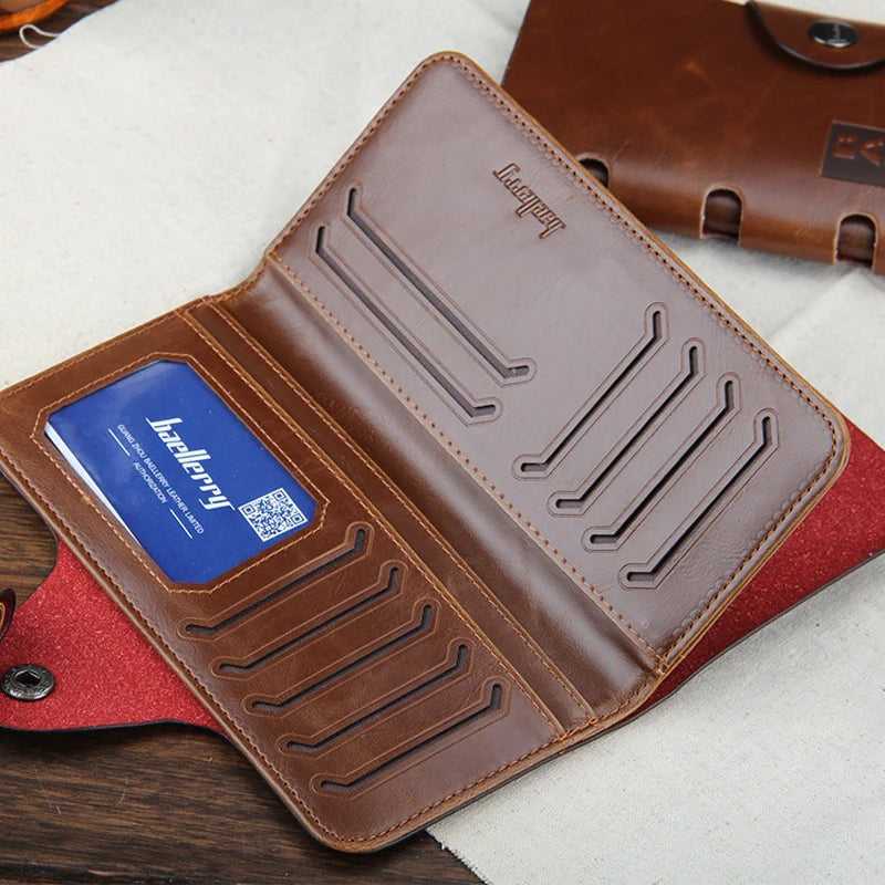 LOR MALE Leather Tri-Fold Wallet - Magnetic Buckle Clutch with Card Holder &