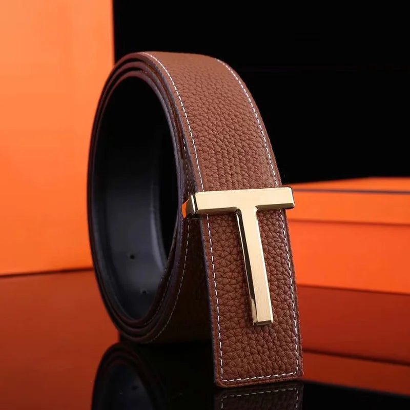 LOR MALE New Men's Luxury Belt High Quality Famous Brand Waistband T Buckle Belt Leather Strap Male Office Business Casual Jeans 3.8cm