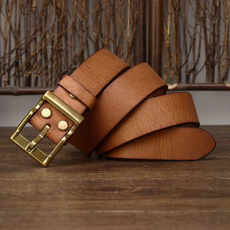 LOR MALE 3.8 Cm Wide High Quality Genuine Leather Belt Men's Retro Thickened First Layer Pure Cowhide Brass Buckle Jeans Luxury Male Belt