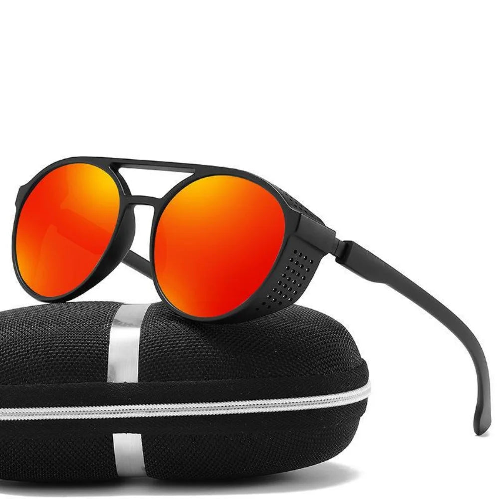 LOR MALE Polarized Sunglasses Steampunk Sports Sun Glasses Round Frame Eyewear with Side Shields UV400 Protection Driving Fishing Cycling