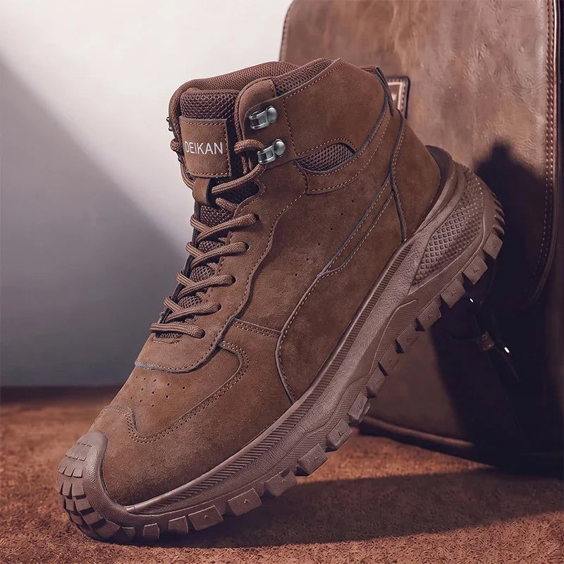 LOR MALE Men High Top Ankle Boots Suede Mesh Splicing Shoes Anti‑collision Toe Non‑slip Thick Sole Male Boots for Daily Walking Commute