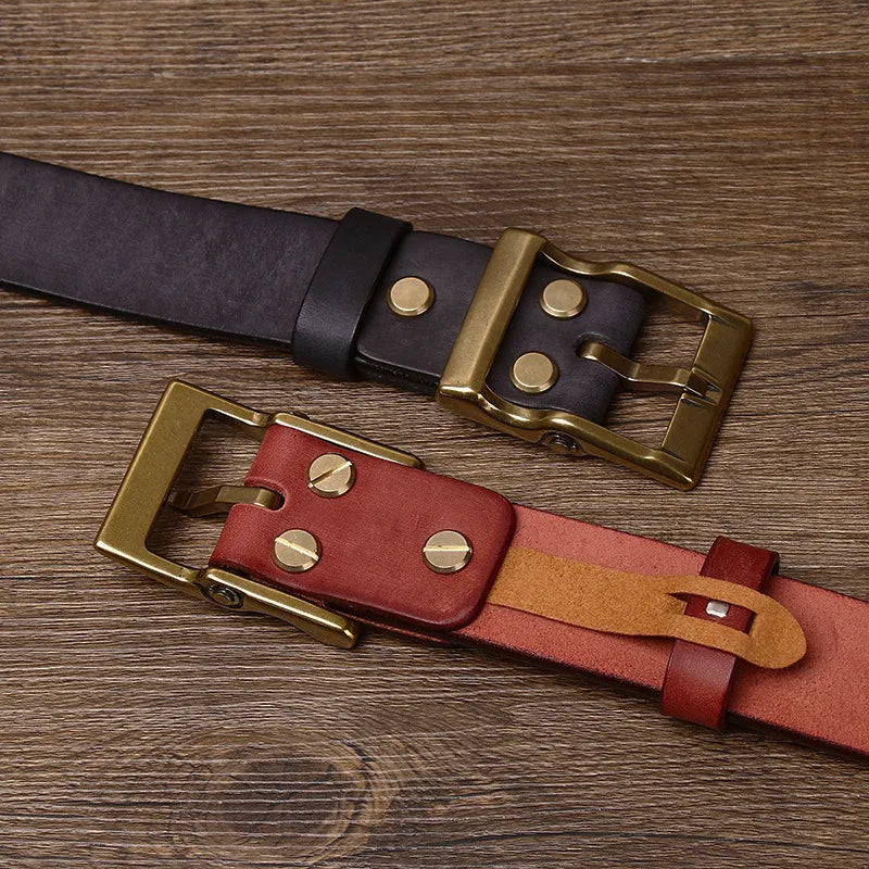 LOR MALE 3.8 Cm Wide High Quality Genuine Leather Belt Men's Retro Thickened First Layer Pure Cowhide Brass Buckle Jeans Luxury Male Belt