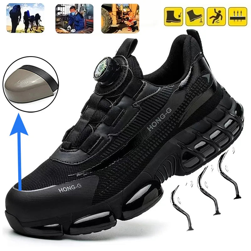 LOR MALE Steel Toe Safety Boots Rotating Button Work Shoes Men Anti-Smash Anti-Puncture Safety Boots Air Cushion Men's Sports Shoes ﻿