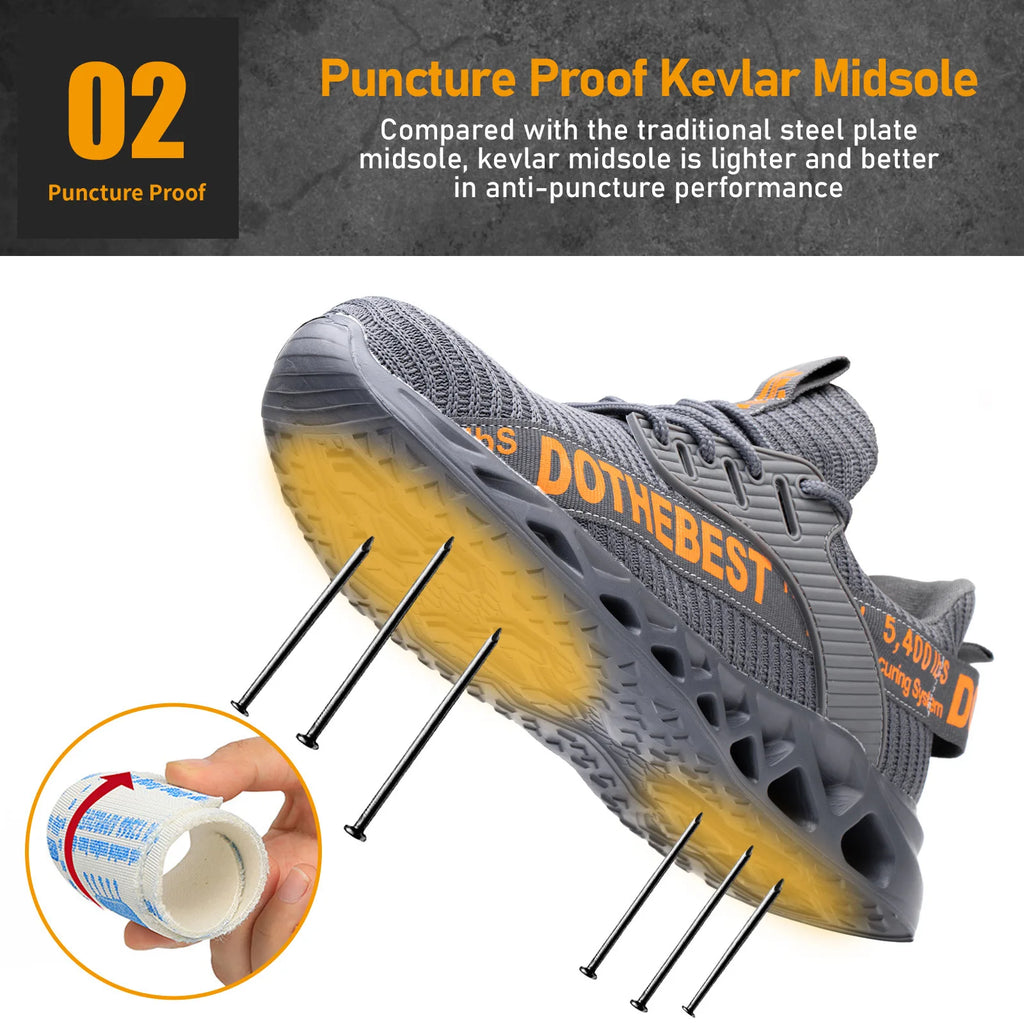 LOR MALE Steel Toe Safety Shoes for Men Lightweight Breathable Work Shoes Grey Anti-Smash Anti-Puncture Work Shoes Comfortable Durable