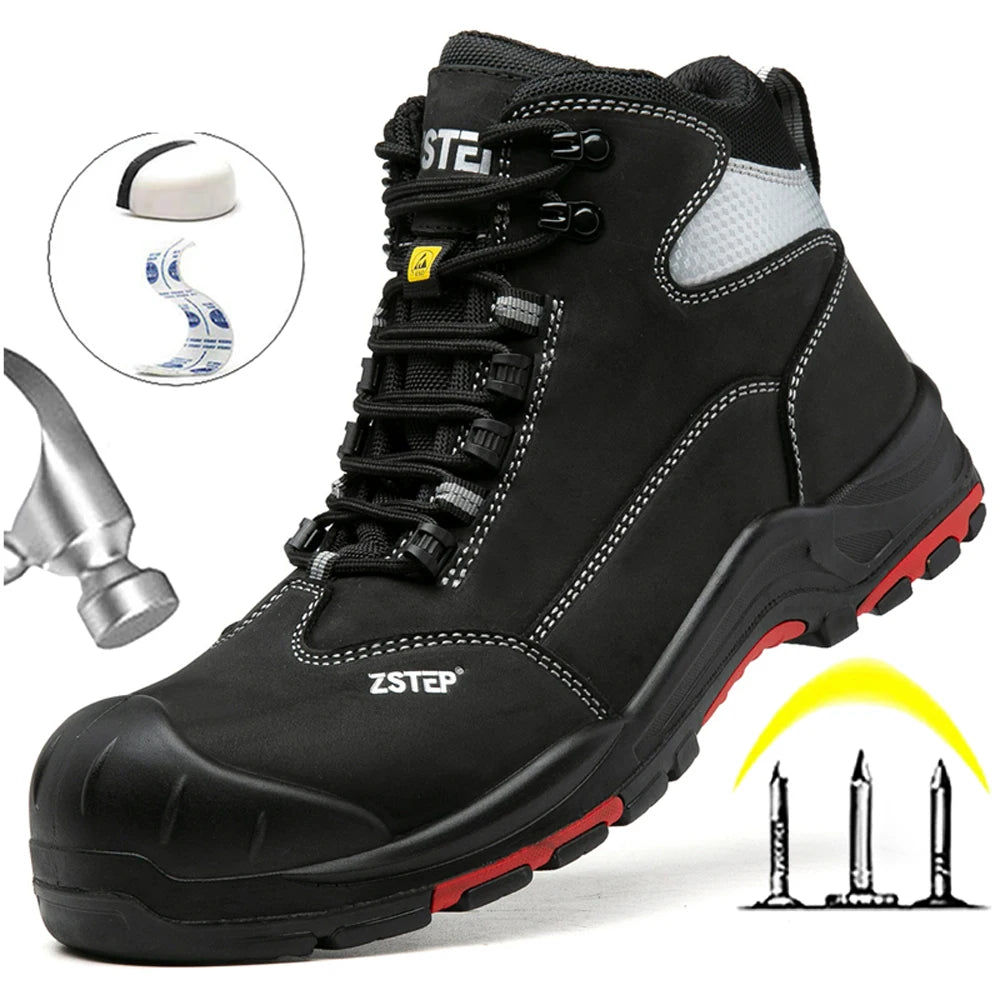 LOR MALE Genuine Leather Men Work Boots Composite Toe Safety Shoes Men Boots Anti-Smash Anti Puncture Security Boots Protection Shoes