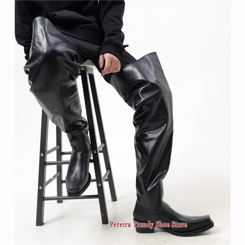 LOR MALE Autumn Winter New Upturned Toe Over The Knee Boots for Men Women Brand Design Black Leather Square Toe Slip-On Knight Boots