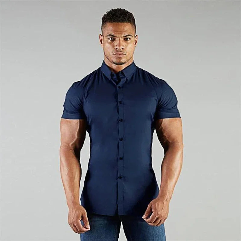 LOR MALE Men's Summer Business Shirt Short Sleeve Turn-down Collar Tuxedo Shirt Fashion Super Slim Fit Male Social Dress Shirt