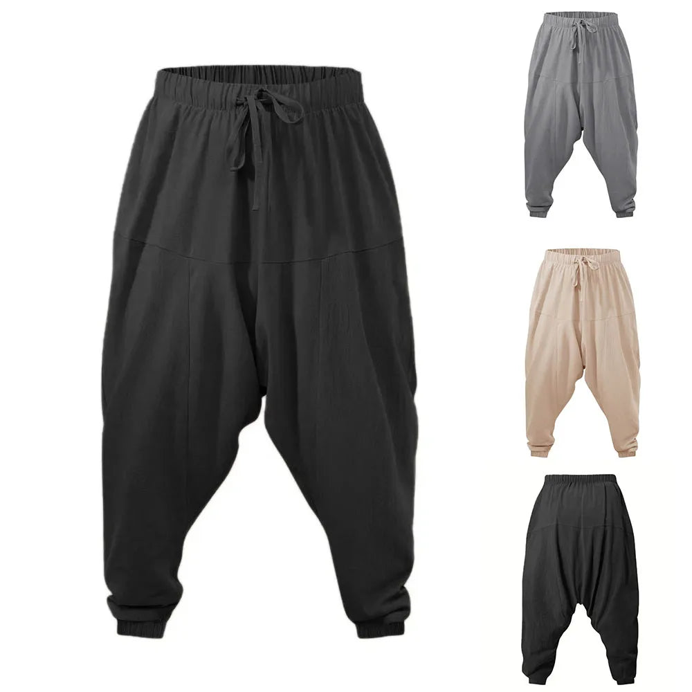 LOR MALE Harem Pants for Men Cotton Linen Drop Crotch Cozy Streetwear Loose Fit Breathable Lightweight Long Pants Male Joggers