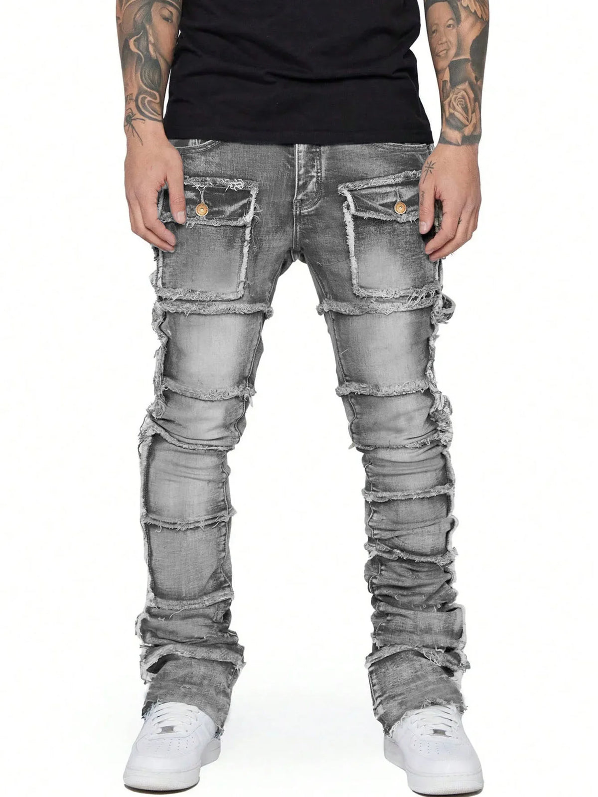 LOR MALE 2025 New Trendy Men Jeans, European and American Fashionable Workwear with Patch, Elastic, Laminated and Slightly Flared Men Den