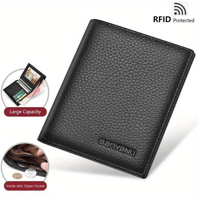 LOR MALE Vertical Short Wallets Genuine Leather Rfid Blocking Wallet Men Coin Pocket
