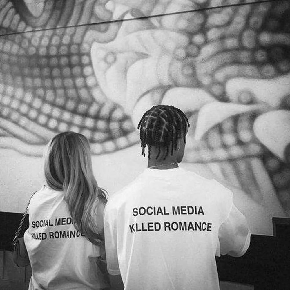 LOR MALE 2026 Social Media Killed Romance T Shirt Men Women Aesthetic Valentine's Print T-Shirt Couple Cotton Tee Summer Tops Clothing