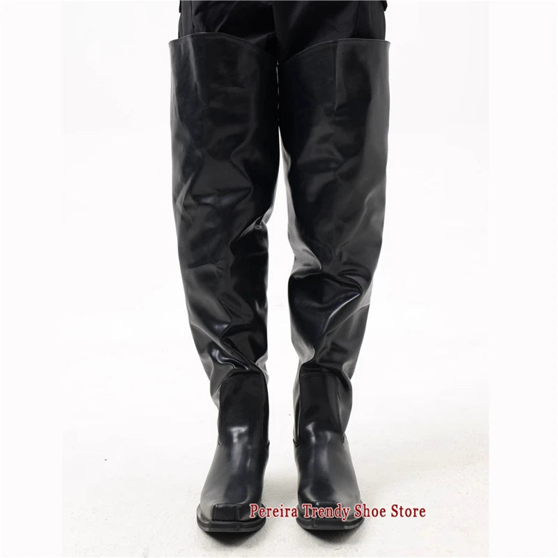 LOR MALE Autumn Winter New Upturned Toe Over The Knee Boots for Men Women Brand Design Black Leather Square Toe Slip-On Knight Boots