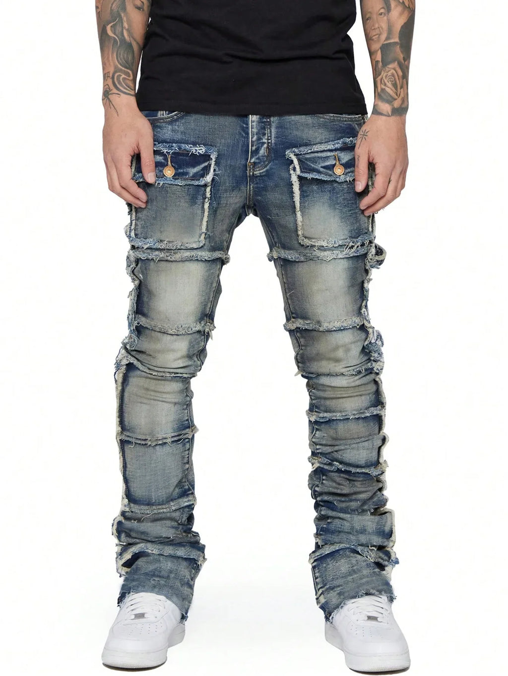 LOR MALE 2025 New Trendy Men Jeans, European and American Fashionable Workwear with Patch, Elastic, Laminated and Slightly Flared Men Den
