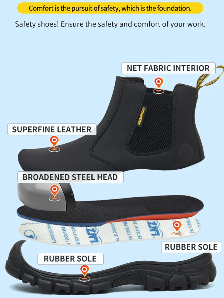 LOR MALE New Safety Boots Men Waterproof Leather Boots Steel Toe Shoes Anti-Smash Anti Puncture Work Boots Indestructible Shoes Non-slip