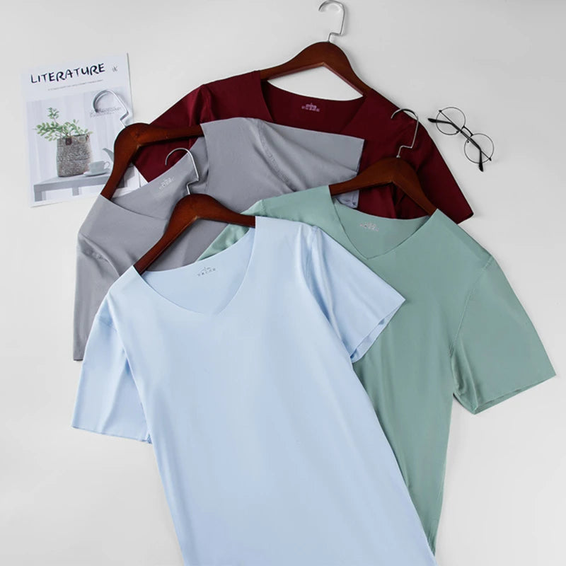 LOR MALE Men's Thin Short Sleeve Without Summer Solid Color T shirt Trace Slim V-neck Bottoming Seamless short sleeve