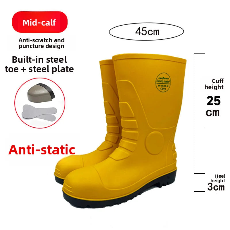 LOR MALE Leer Steel Toe Anti-Static Oil Resistant Chemical Proof Safety Boots Chemical Factory Gas Station Rain Boots Waterproof Shoes