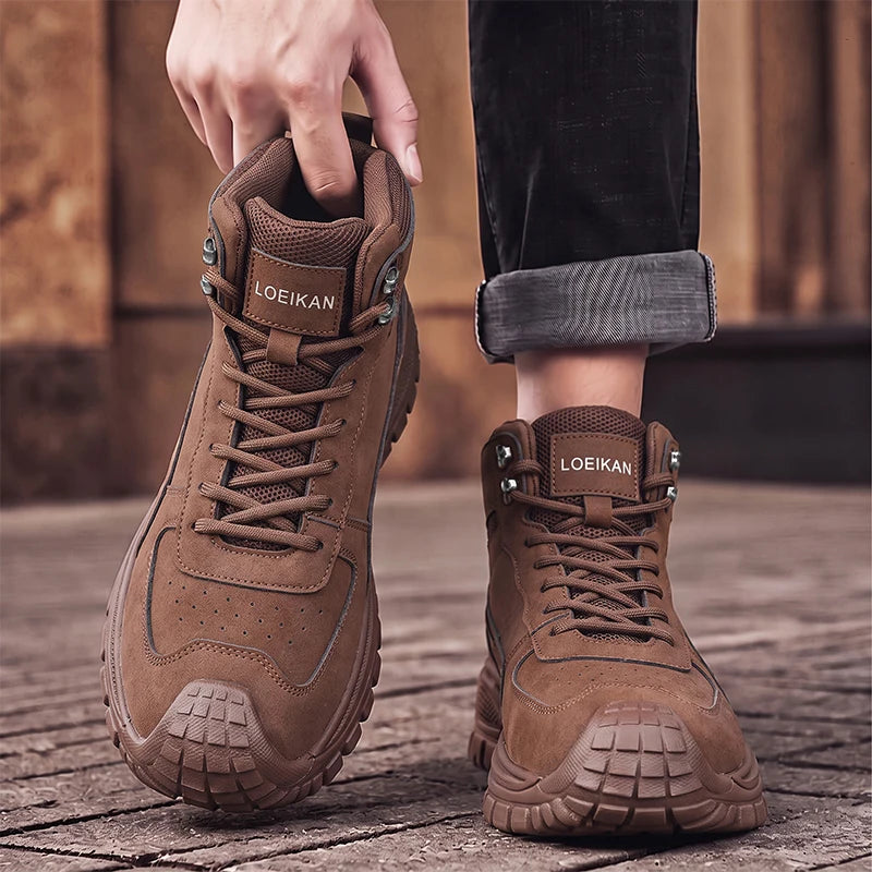 LOR MALE Men High Top Ankle Boots Suede Mesh Splicing Shoes Anti‑collision Toe Non‑slip Thick Sole Male Boots for Daily Walking Commute