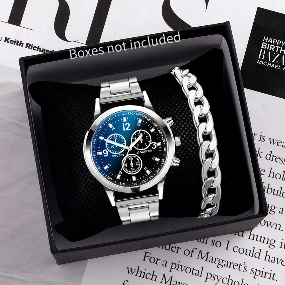 LOR MALE 1/2PCS Men Business Watches Steel Band Quartz Watch with Bracelet（Box not