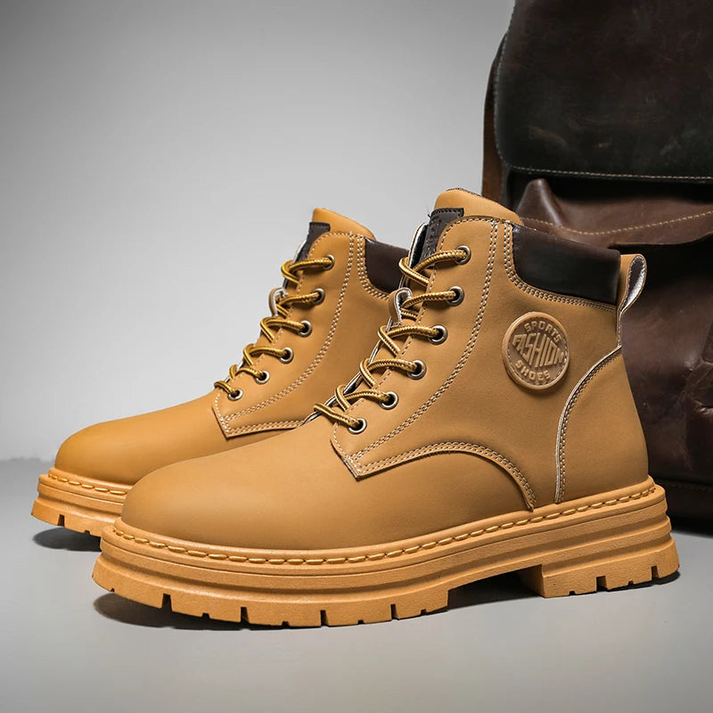 LOR MALE Men's high top boots four season outdoor work shoes anti slip and comfortable yellow boots fashion British casual leather boots