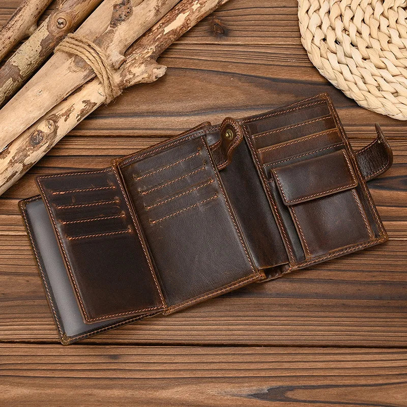 LOR MALE High Quality Genuine Leather Card Wallet Men Women RFID Genuine Leather Short Wallet Multi Cards Slots Button Man Purse