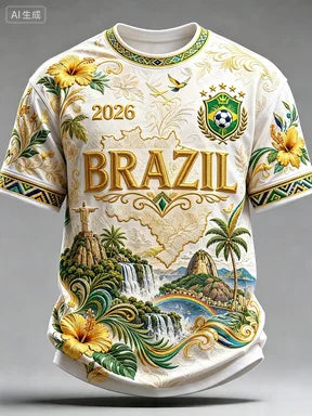 2026 Brazil National Football Team Graphic T-Shirt, Unisex 3D Printed Breathable Quick Dry Short Sleeve Tee
