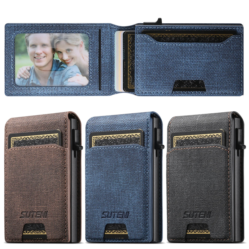 LOR MALE Push-out Card High Quality Faux Leather Card Holder Wallet Holder Large Capacity Can Hold 1-12 Cards 1 Photo Black/Brown/Blue
