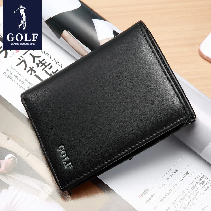 LOR MALE GOLF Men's Wallet Leather Flap Purse Black Money Clip Small Card Vertical Short Wallet for Men Coin Cardholder Anti Theft Brush