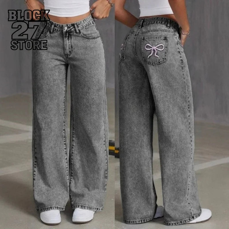 LOR MALE Mens Jeans Vintage Bow Embroidery Washed Denim Pants Harajuku Unisex Loose Fit Straight Leg Streetwear Casual Fashion Trend New
