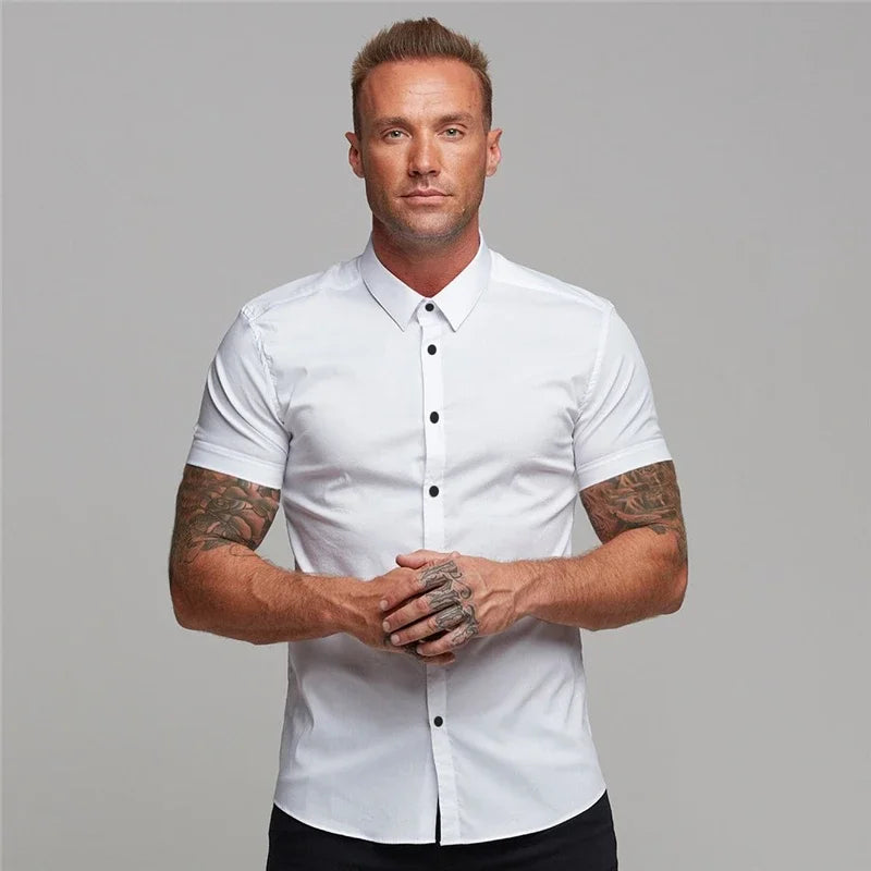 LOR MALE Men's Summer Business Shirt Short Sleeve Turn-down Collar Tuxedo Shirt Fashion Super Slim Fit Male Social Dress Shirt