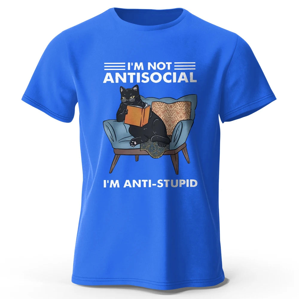 LOR MALE Men's I Am Not Anti Social Printed T-Shirt 100% Cotton Oversized Funny Cat Graphic Tees for Men Women Summer Tops