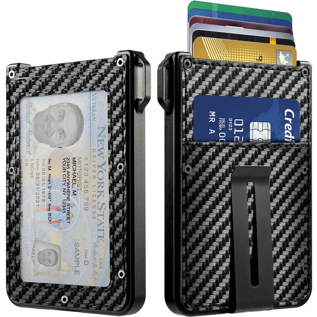 LOR MALE Wallet For Men - Aluminum Slim Carbon Fiber Leather Wallet，Holds up 10 Cards Card Holder with Clear ID Card Holder, Cash Clip