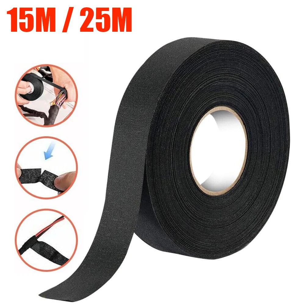 LOR MALE 15/25M Wire Harness Automotive Cloth Tape Adhesive High Noise Resistance Heat Proof Fabric Electrical Tape for Wrapping Wiring