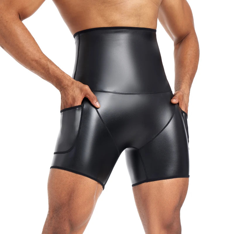 LOR MALE Men Paty Short Pants Men`s New Running Shorts High-waisted Stretch Leather Pants GYM Sport Shorts Fitness Jogging Workout Shorts