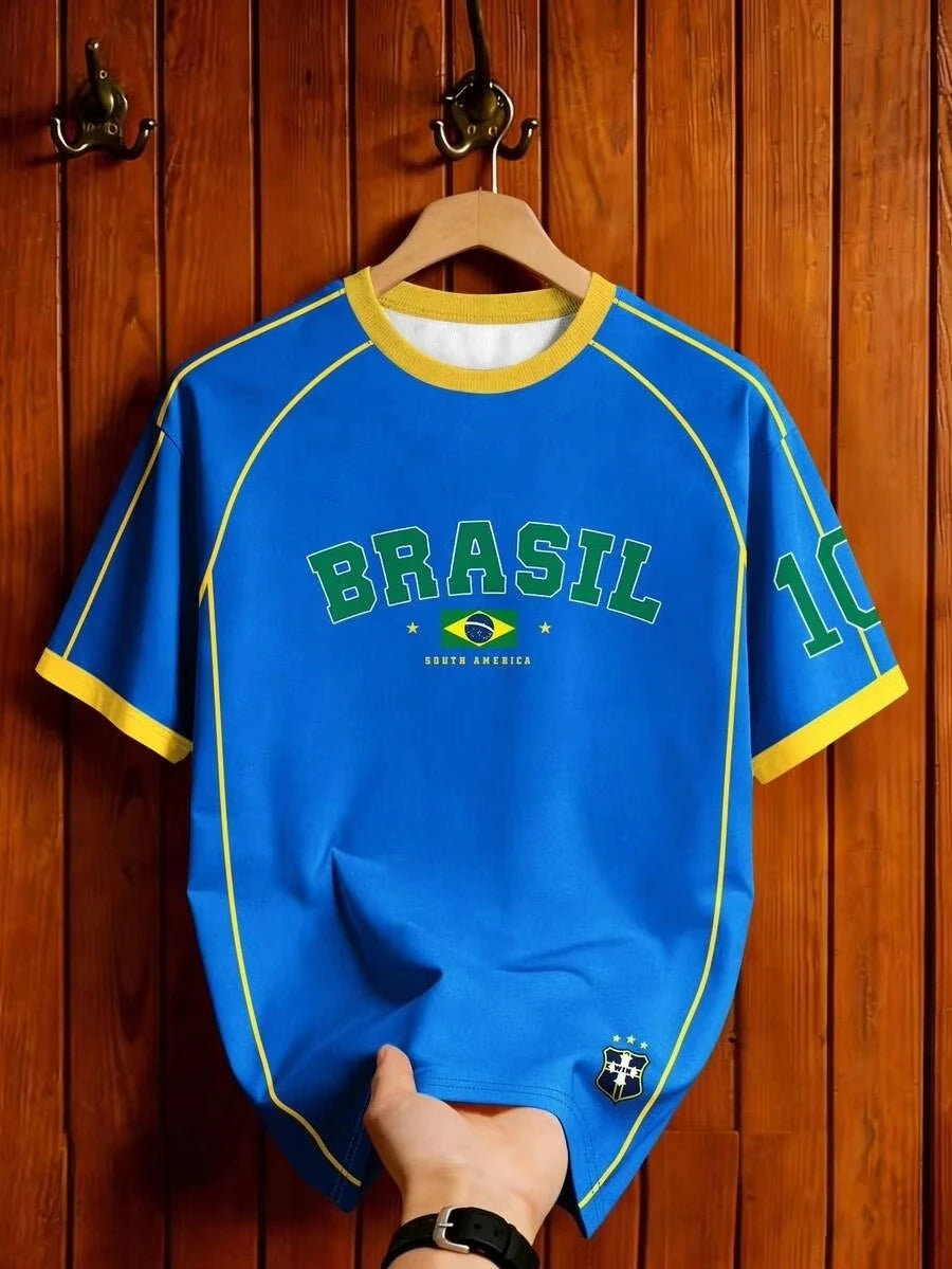 Brazil Football T-Shirt Soccer Jersey Retro Print Breathable Quick Dry Training Fan Sport Short Sleeved Top Tees Chic Clothes