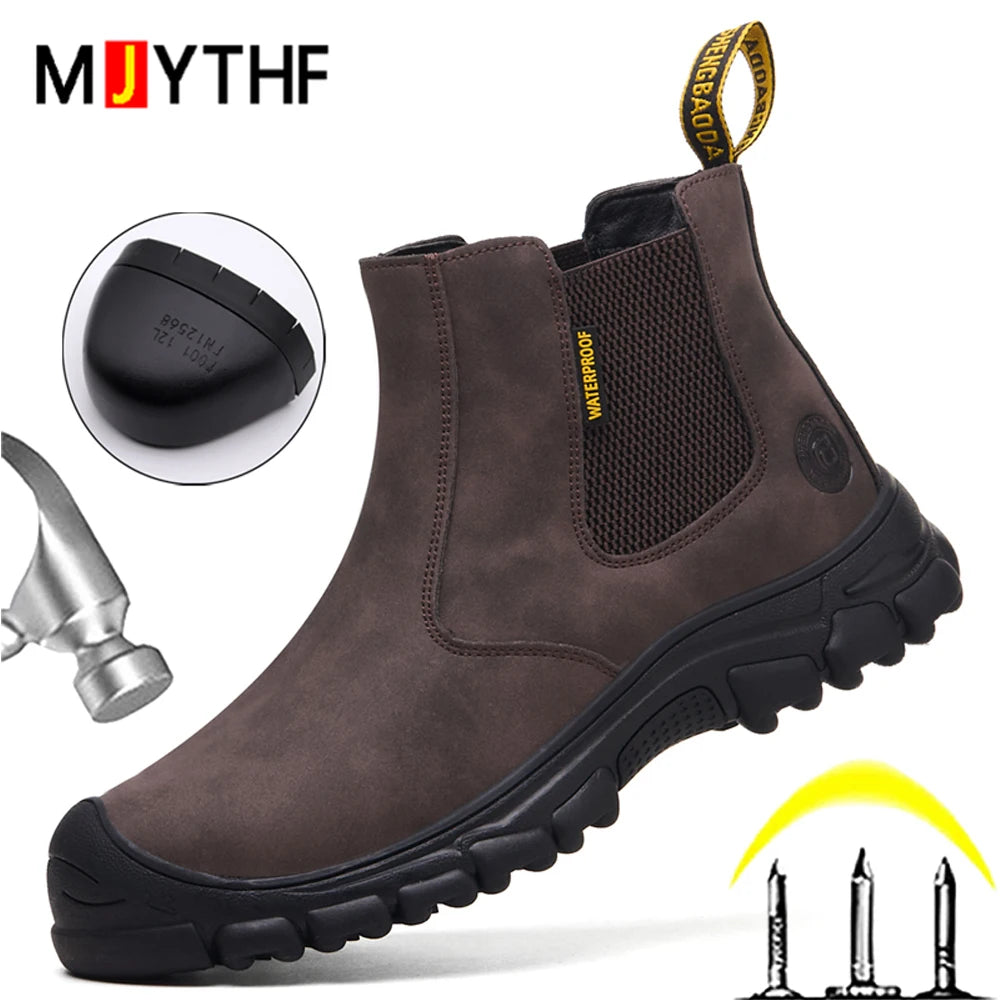 LOR MALE New Safety Boots Men Waterproof Leather Boots Steel Toe Shoes Anti-Smash Anti Puncture Work Boots Indestructible Shoes Non-slip