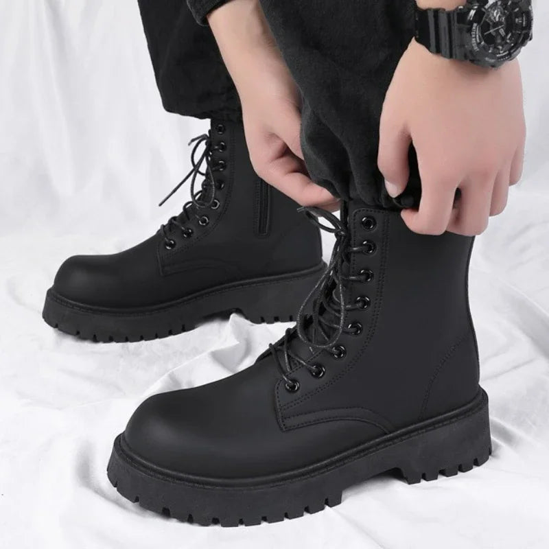 LOR MALE Boots for Men High Quality Casual Leather Boots Fashion Outdoor High Top Booties Black Men's Ankle Boots Fashion Motorcycle Boot