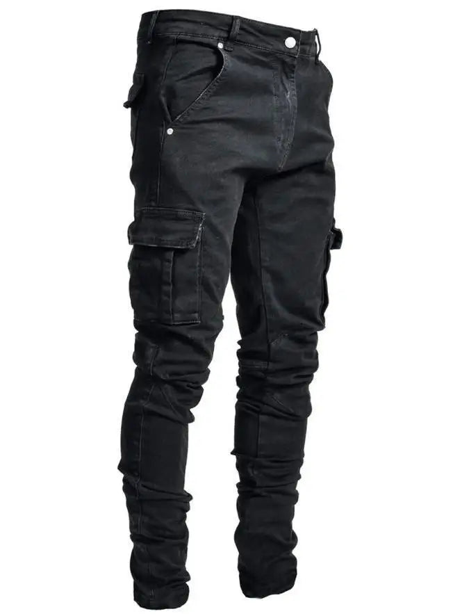 LOR MALE 2026Jeans Men Pants Wash Solid Color Multi Pockets Denim Mid Waist Cargo Jeans Plus Size Fahsion Casual Trousers Male Daily Wear