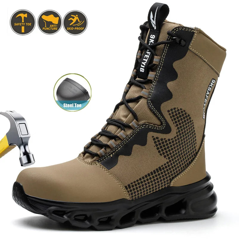LOR MALE Construction Work Boots Men High Top Steel Toe Safety Shoes Non Slip Puncture Proof Rubber Work Boots Indestructible Combat Boot