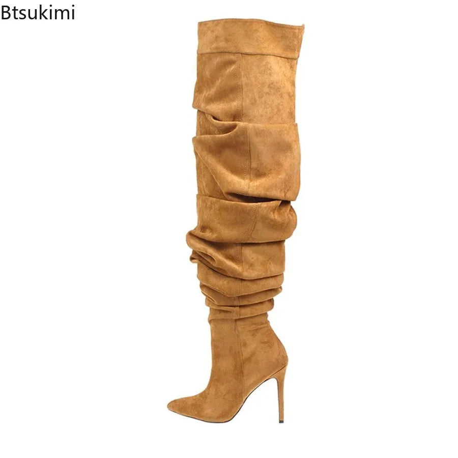 LOR MALE Over The Knee Boots Sexy Pleated Denim Cloth Boots New Solid Color Slip-On Pointy Versatile Patchwork High-heeled Fashion Boots