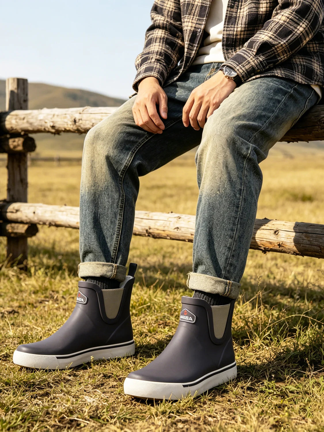 LOR MALE Low-Top Men's Chelsea Boots Waterproof Outdoor Work Rubber Shoes Flat Bottom Short Fishing Boots Deck Boots Rain Boots