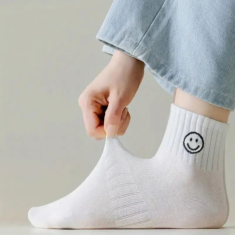 LOR MALE 5 Pairs of Whimsical Cartoon Face Print Short Socks - Soft, Breathable, and Comfortable Polyester Knit Fabric