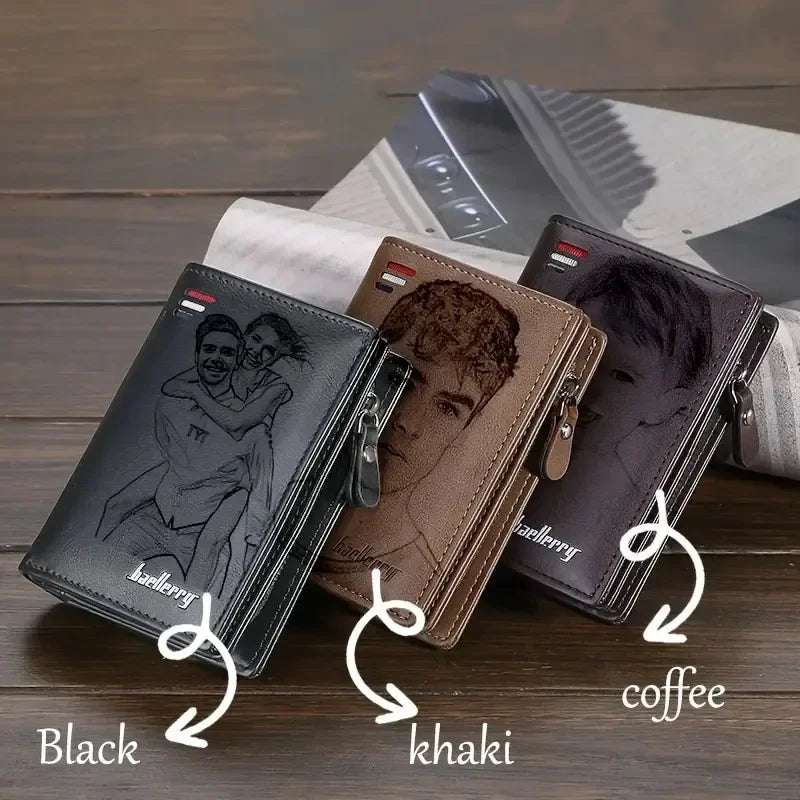LOR MALE Custom Photo Text Men Wallet Engraved Picture Wallet Pu Leather Bi-Fold